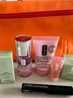 Clinique foaming leanser, wrinkle correcting serum & mascara with orange pouch